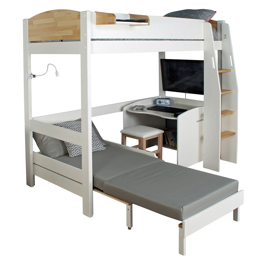 Urban Birch High Sleeper 1 Bed with Sofa Bed & Desk On Casters