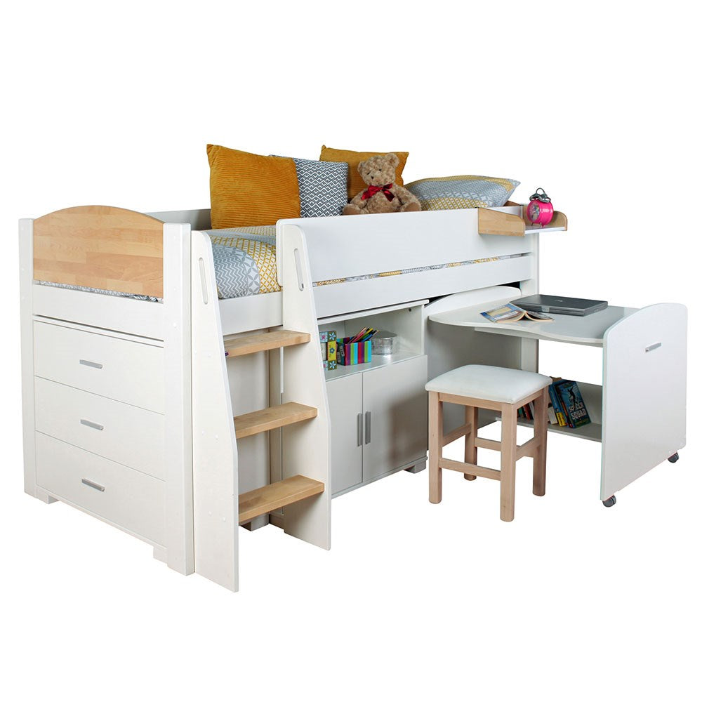 Urban Birch Mid Sleeper 1 Bed with Desk, Storage and Chest of Drawers