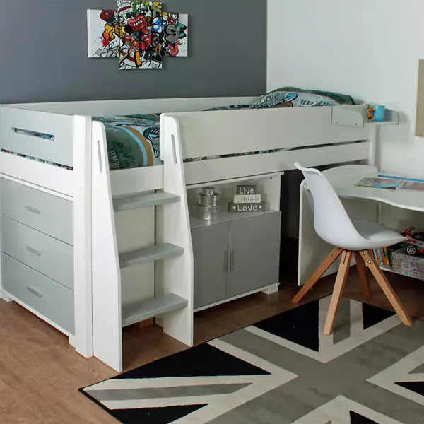 Urban Grey Mid sleeper 1 Bed with Pull Out Desk, Cupboard and Chest of Drawers