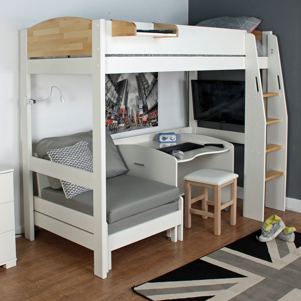 Urban Birch High Sleeper 1 Bed with Sofa Bed & Desk On Casters