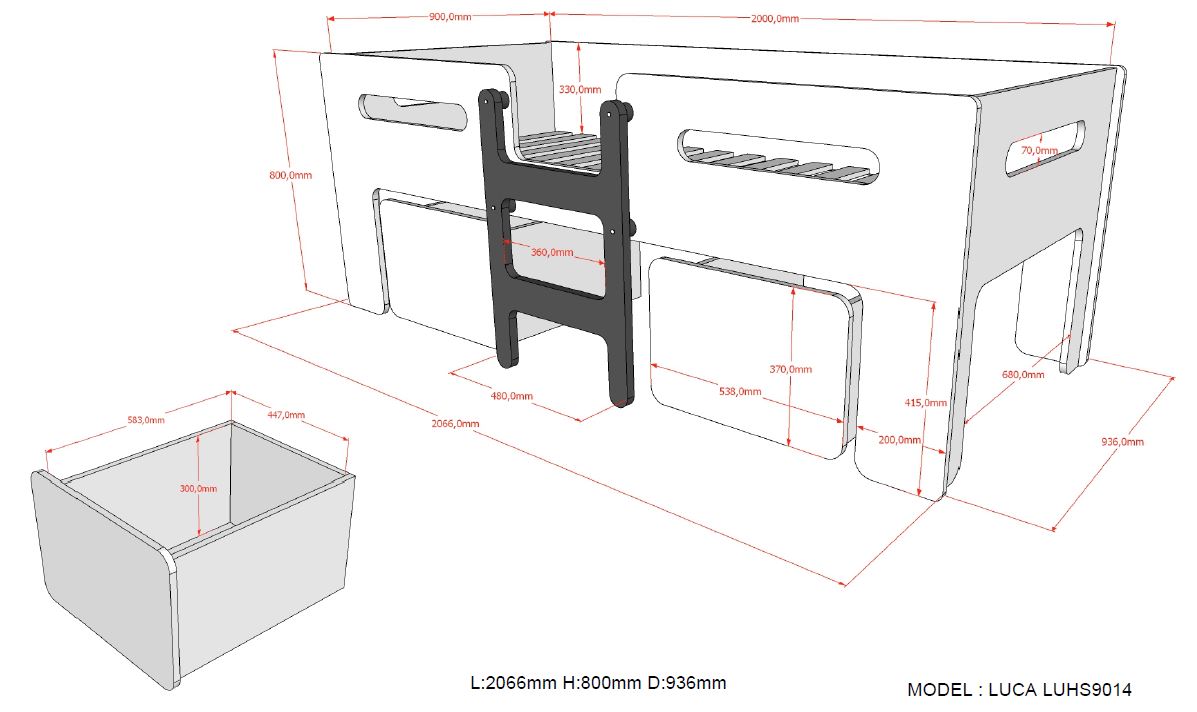 Vipack Luca Mid Sleeper Kids Bed with Storage Drawers - White