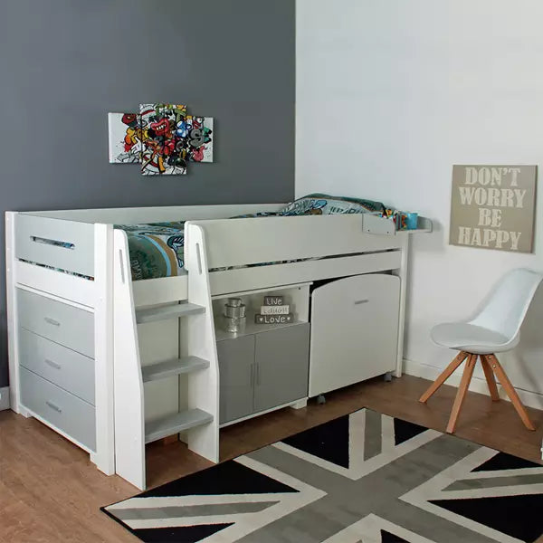 Urban Grey Mid sleeper 1 Bed with Pull Out Desk, Cupboard and Chest of Drawers