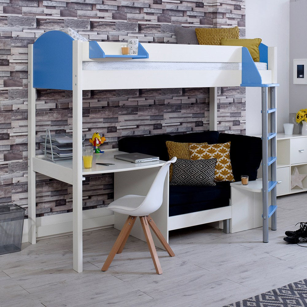 Noah Kids High Sleeper Bed in White with Desk and Sofa Bed