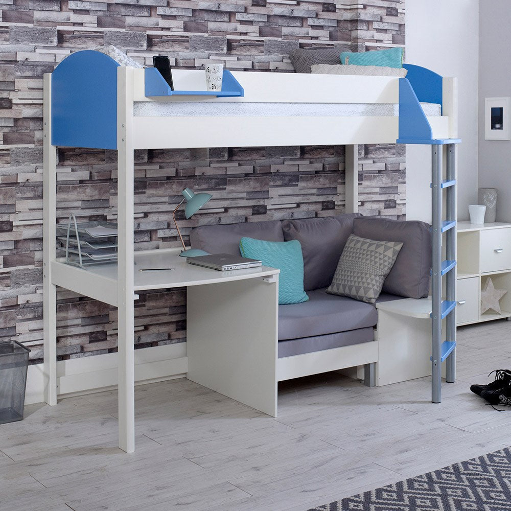 Noah Kids High Sleeper Bed in White with Desk and Sofa Bed