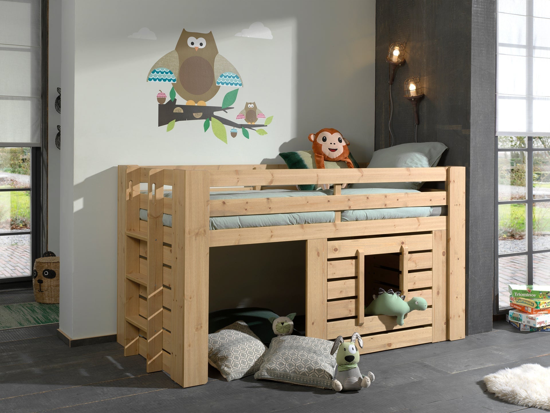 Vipack Mid Sleeper Kids Bed with Play Den - Natural Wood