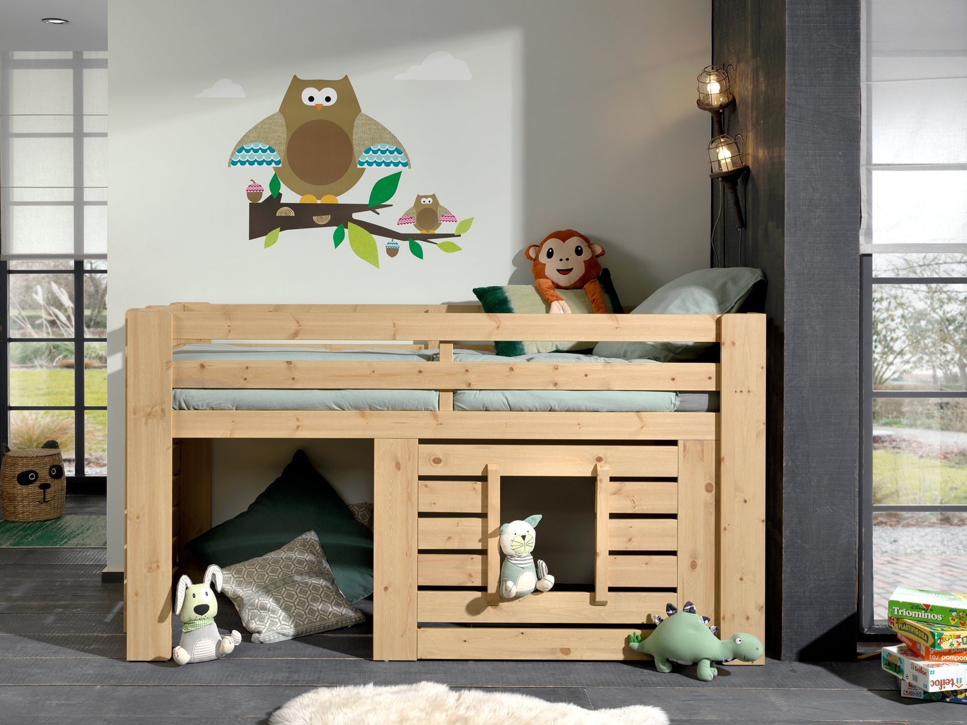 Vipack Mid Sleeper Kids Bed with Play Den - Natural Wood