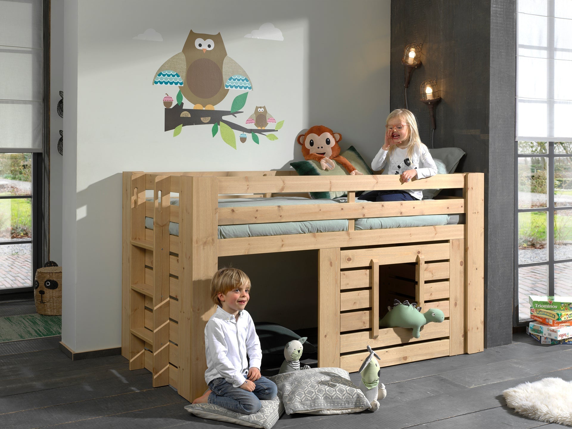 Vipack Mid Sleeper Kids Bed with Play Den - Natural Wood