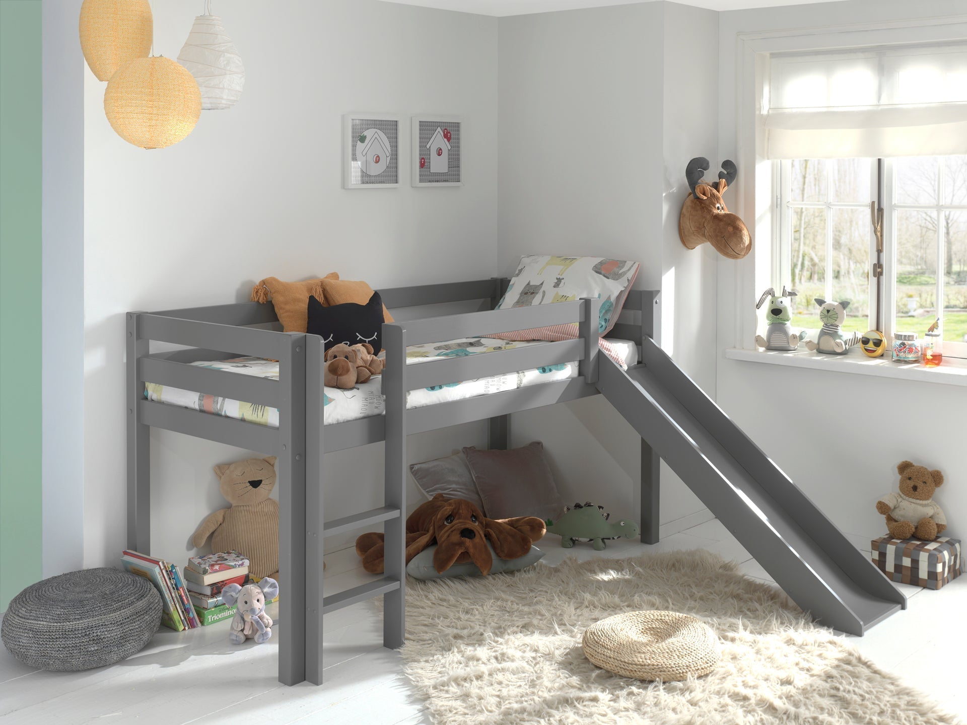 Vipack Pino Mid Sleeper Kids Bed with Slide - Grey