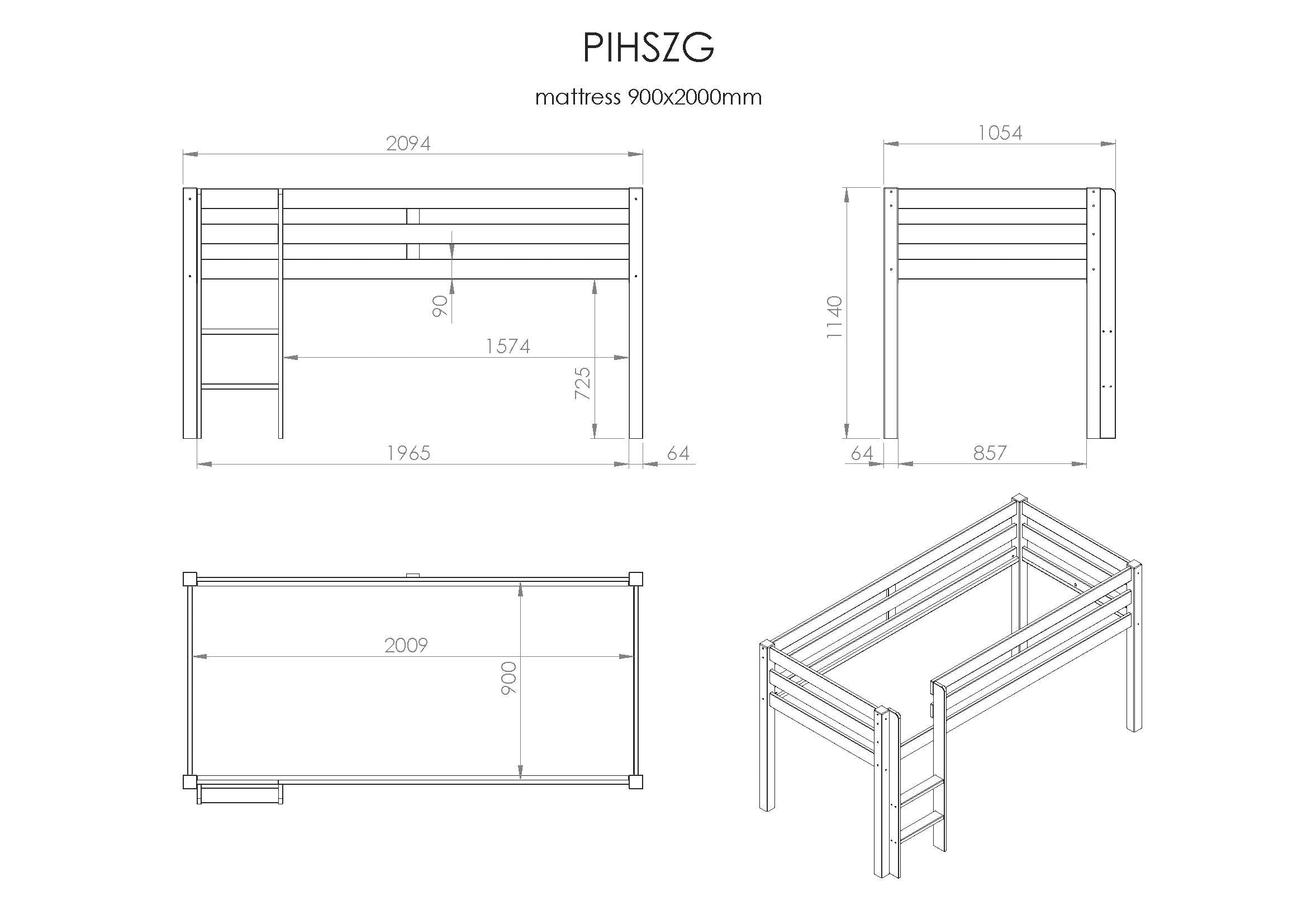 Vipack Pino Mid Sleeper Kids Bed - Grey