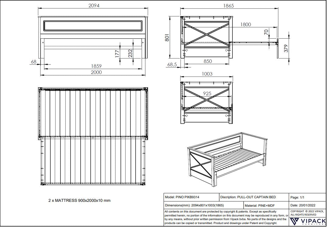 Vipack Scott Pull Out Kids Captain Bed - White