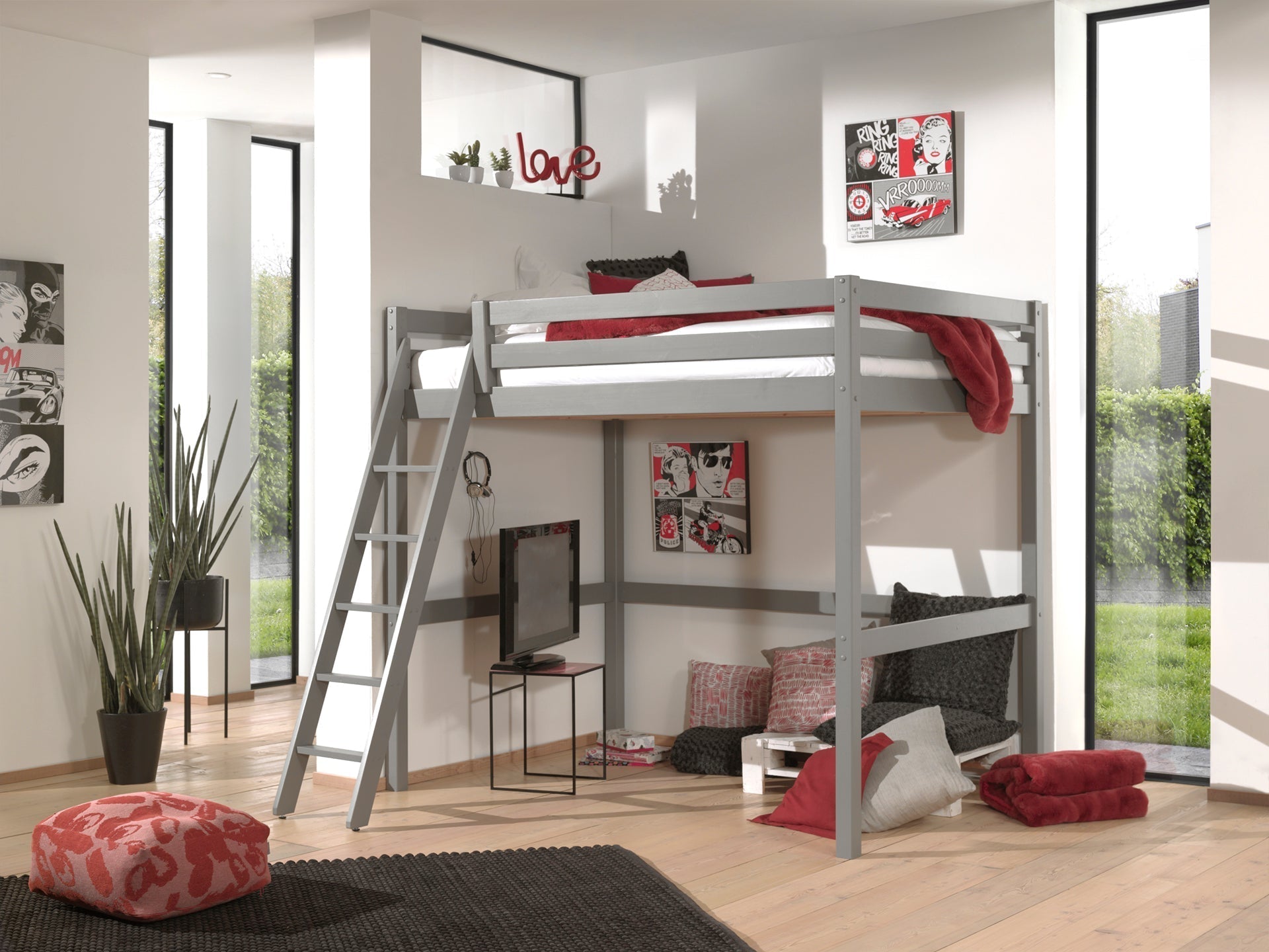 Vipack Pino Mezzanine High Sleeper Double Bed 140cm x 200cm - Grey
