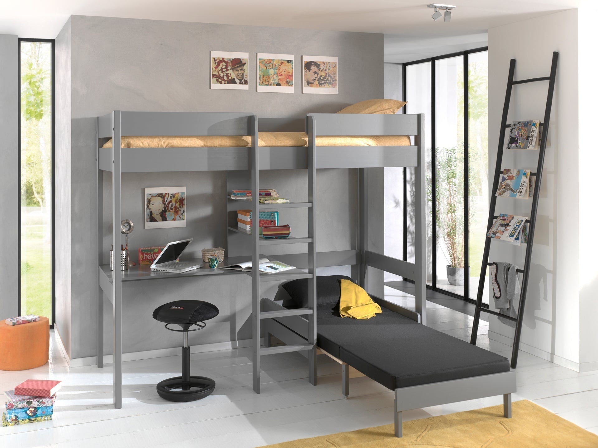 Vipack Pino High Sleeper Kids Bed with Desk & Sofabed - Grey