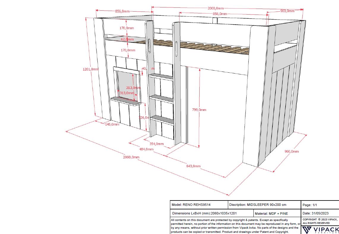 Vipack Reno Mid Sleeper Kids Bed with Play Den - White