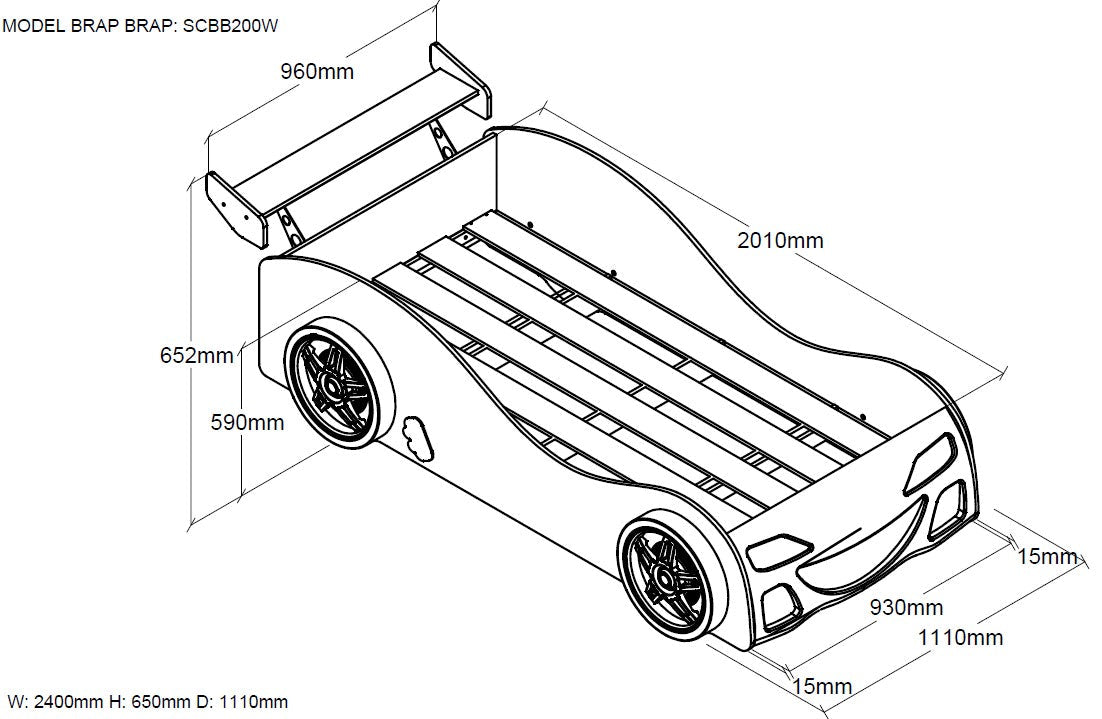 Vipack Brap Brap Kids Car Single Bed - White
