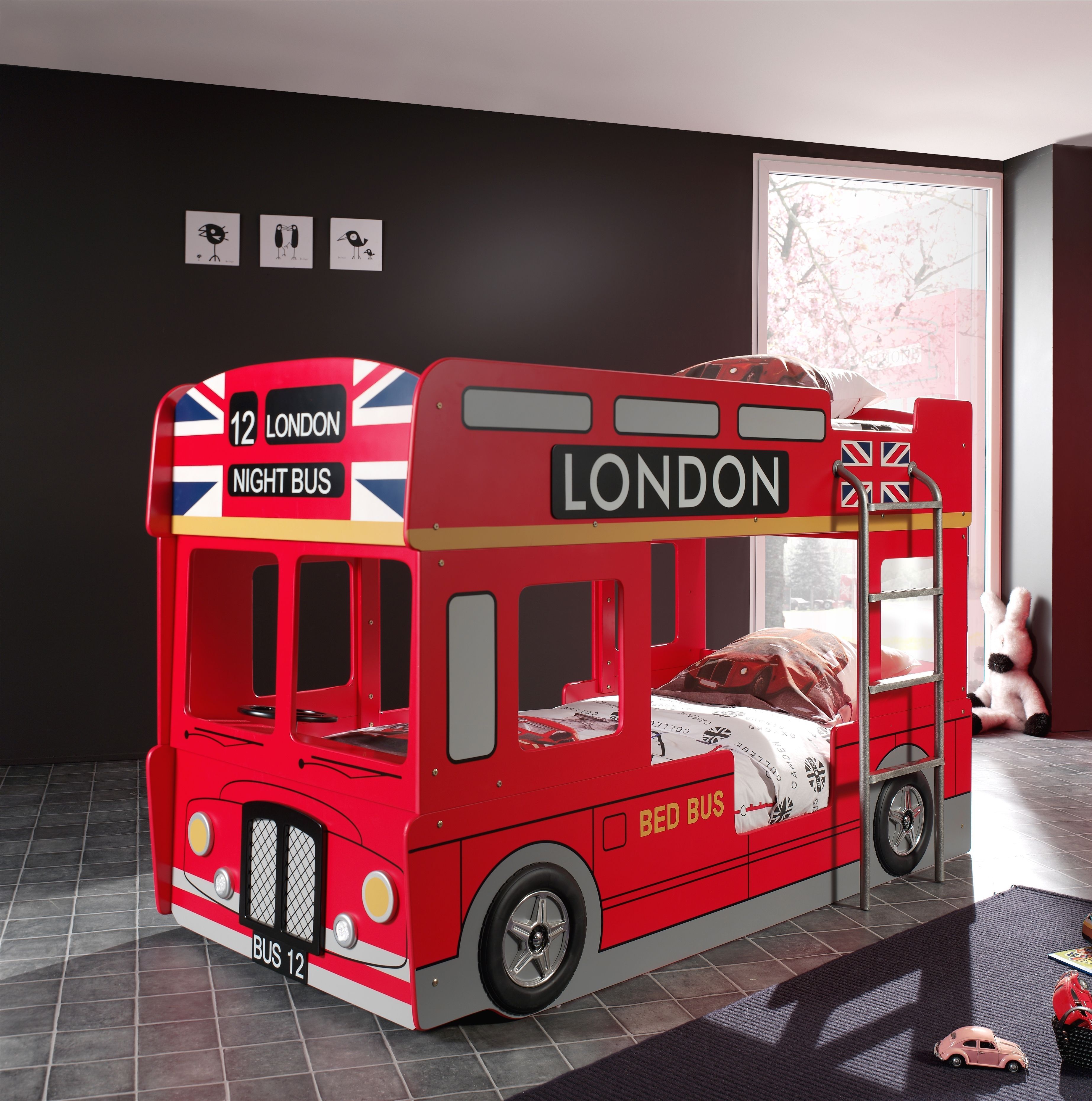 Vipack London Bus Kids Bunk Bed With Phone Box Wardrobe- Red