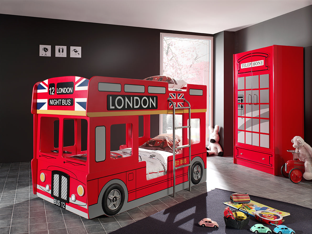 Vipack London Bus Kids Bunk Bed With Phone Box Wardrobe- Red