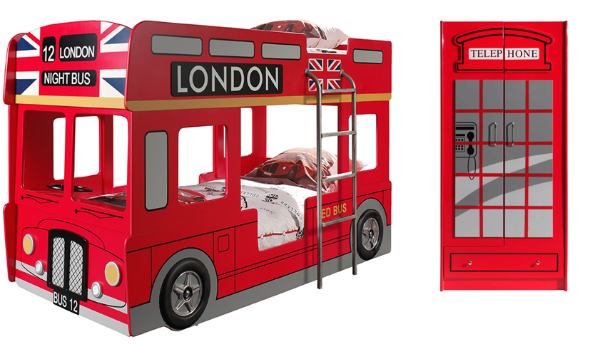 Vipack London Bus Kids Bunk Bed With Phone Box Wardrobe- Red