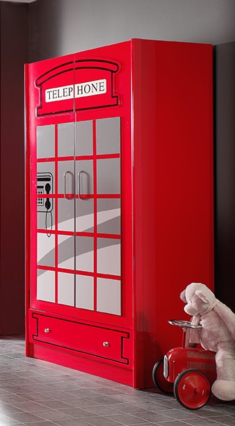Vipack London Bus Kids Bunk Bed With Phone Box Wardrobe- Red