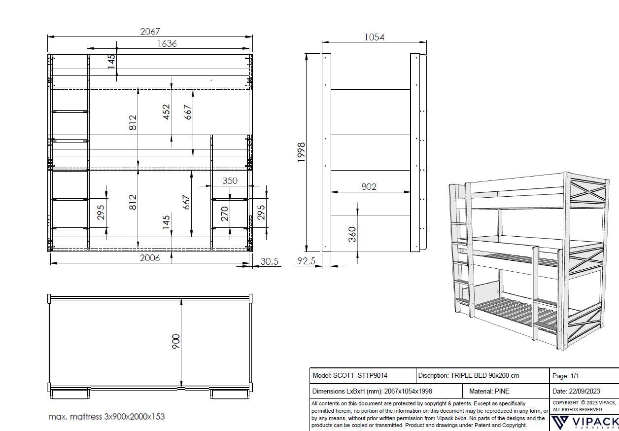 Vipack Scott Triple Bunk Bed - White