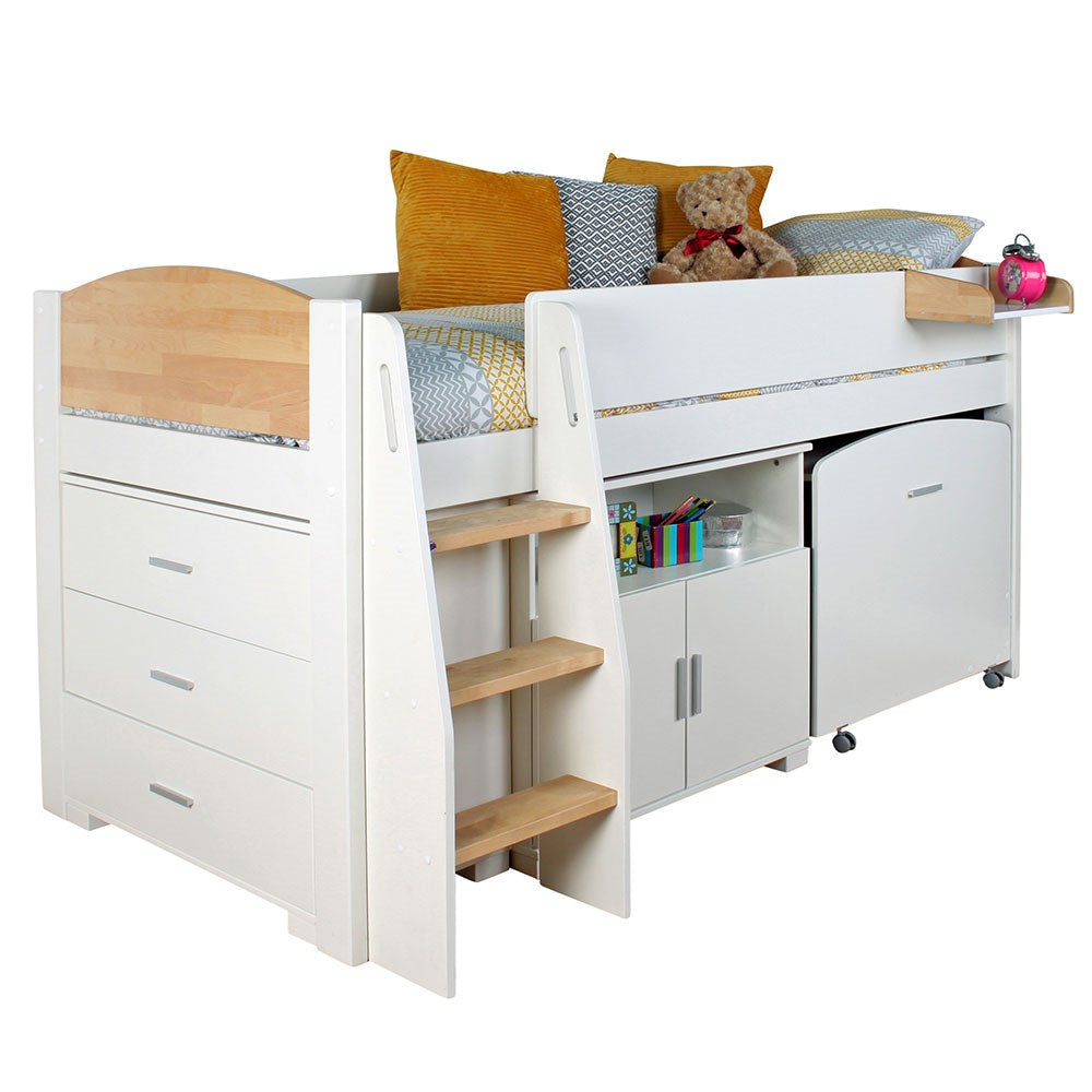 Urban Birch Mid Sleeper 1 Bed with Desk, Storage and Chest of Drawers
