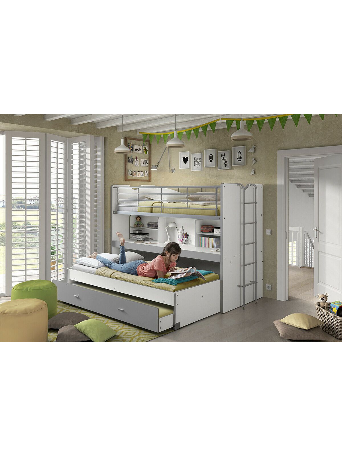 Vipack Bonny High Sleeper Kids Bed with Desk- Silver & White