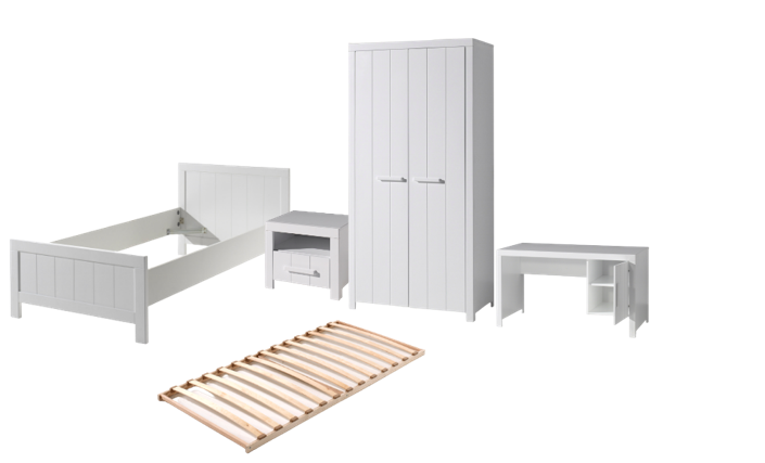 Vipack Erik Kids Single Bed With Slats, Bedside Drawer, 2 Door Wardrobe & Desk - White