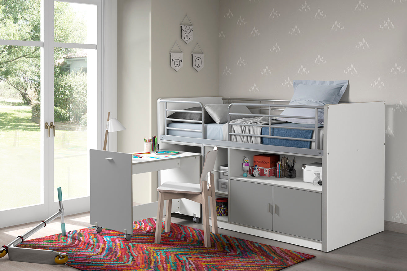 Vipack Bonny Mid Sleeper Kids Bed with Desk & Storage - Silver/Grey