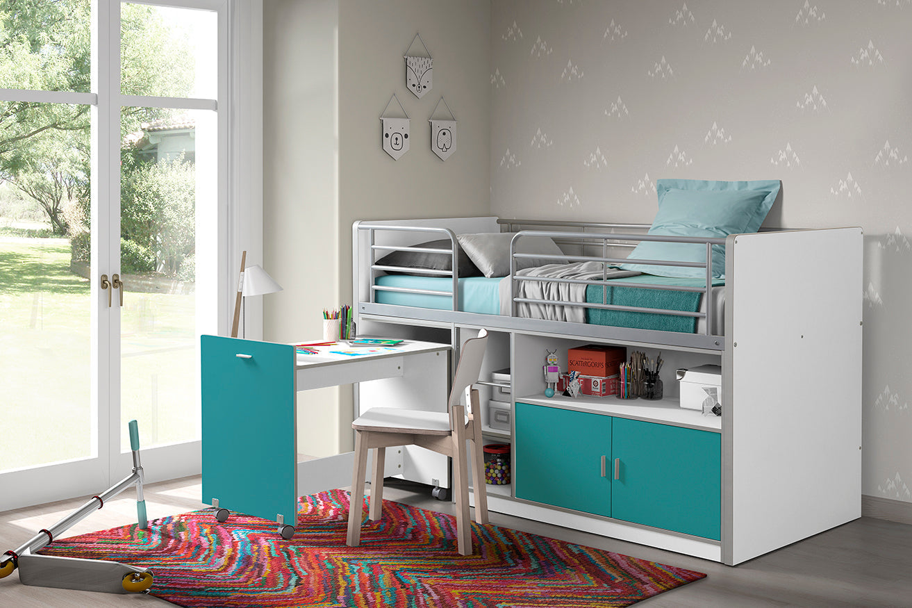 Vipack Bonny Mid Sleeper Kids Bed with Desk & Storage - Turquoise Blue