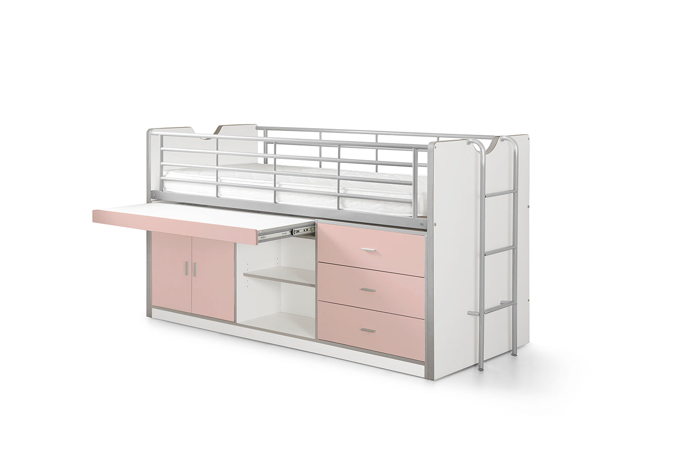 Vipack Bonny Mid Sleeper Kids Bed with Desk & Storage - Light Pink