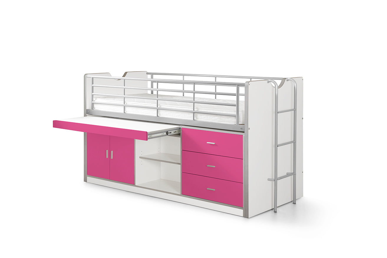 Vipack Bonny Mid Sleeper Kids Bed with Desk & Storage - Fuchsia Pink