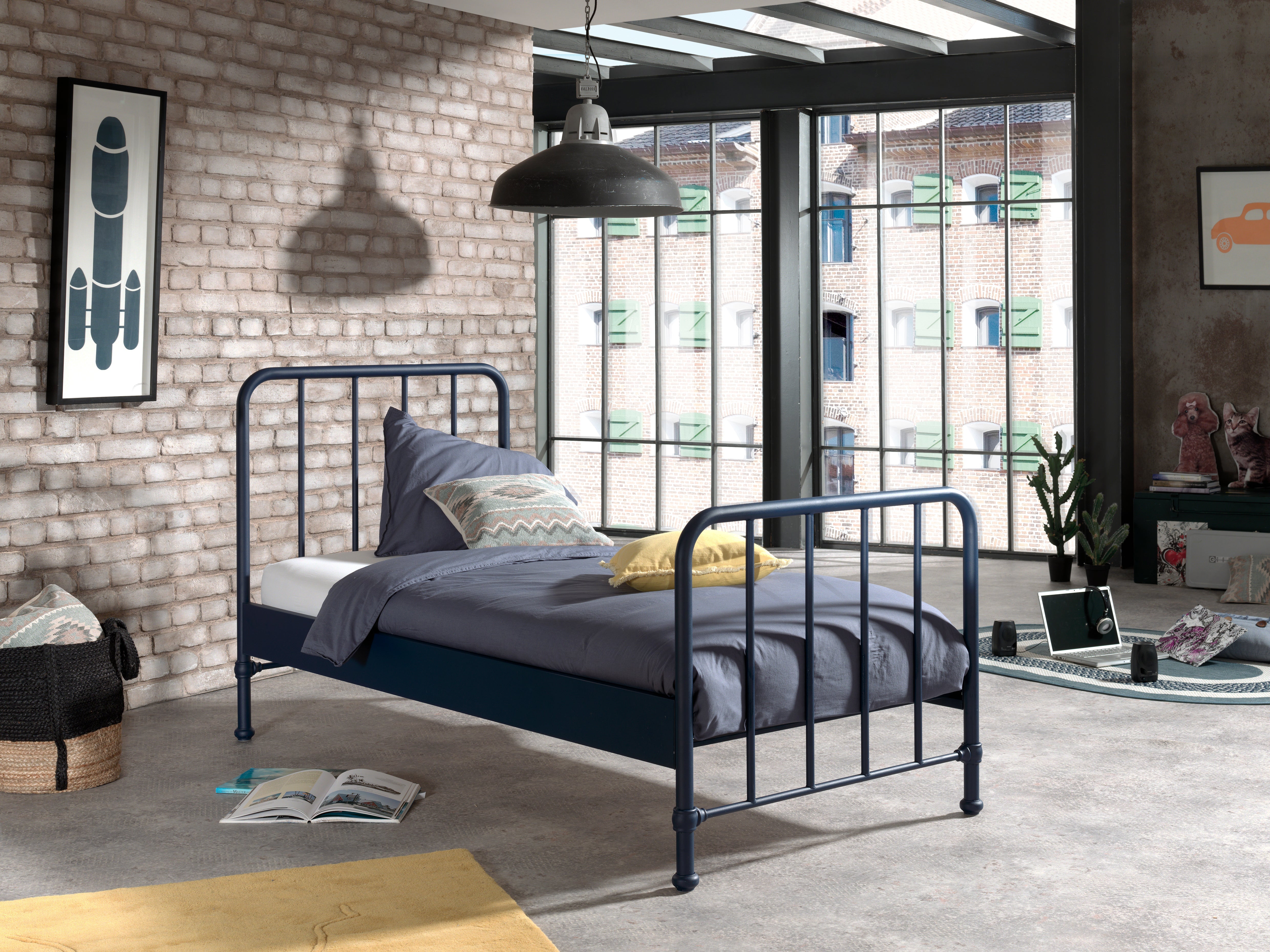 Vipack Bronxx Kids Single Metal Bed with Bedside Locker - Denim Blue