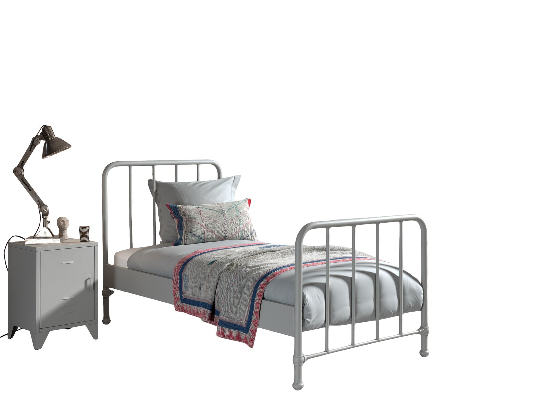 Vipack Bronxx Kids Single Metal Bed with Bedside Locker - Grey