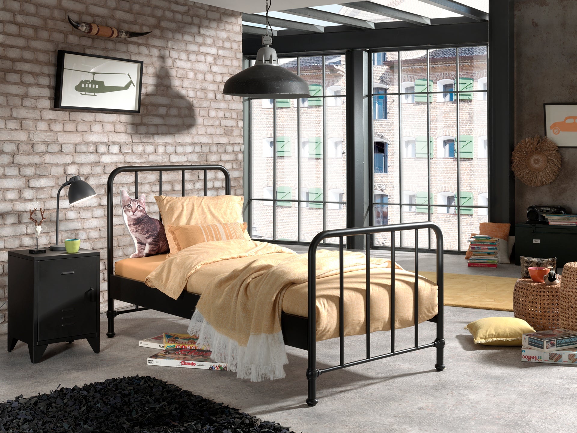 Vipack Bronxx Kids Single Metal Bed with Bedside Locker - Black