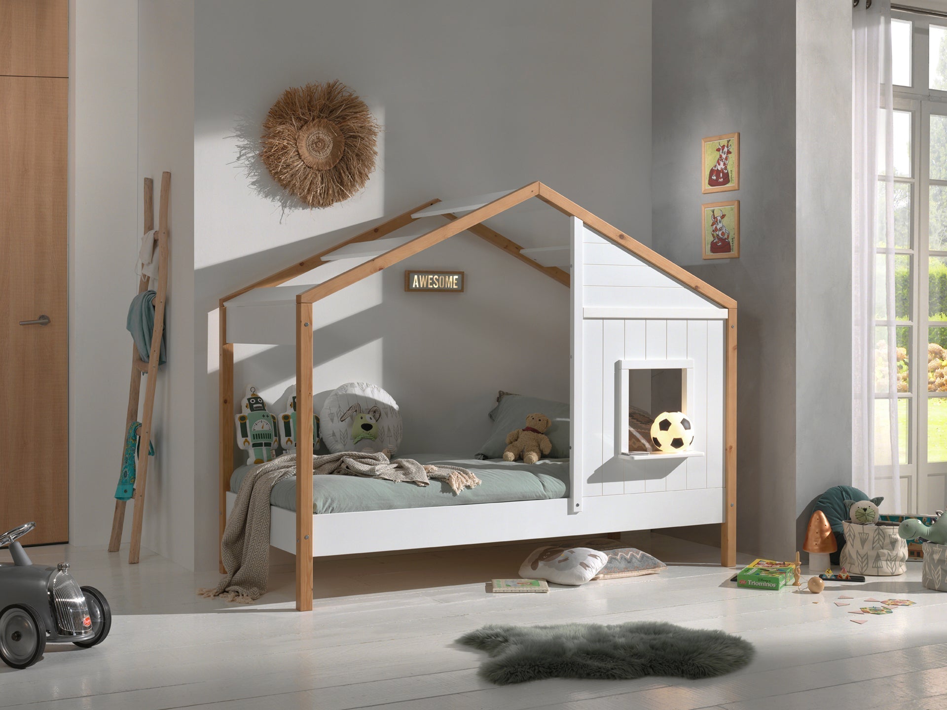 Vipack Babs 91 Kids House Bed - White & Natural