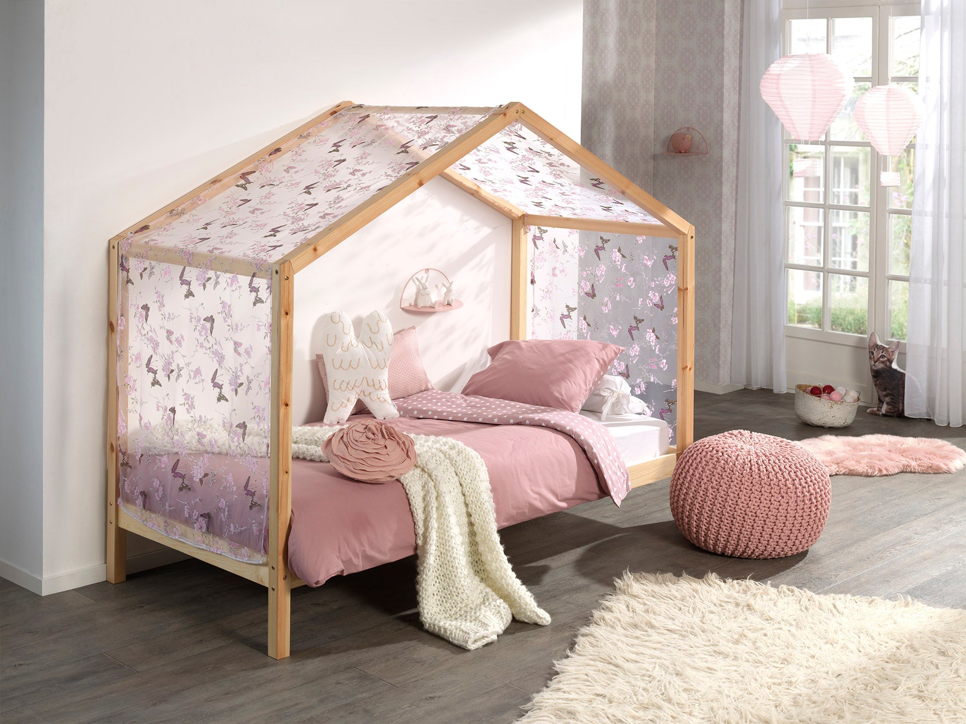 Vipack Dallas Kids House Bed With Fabric Canopy - Natural