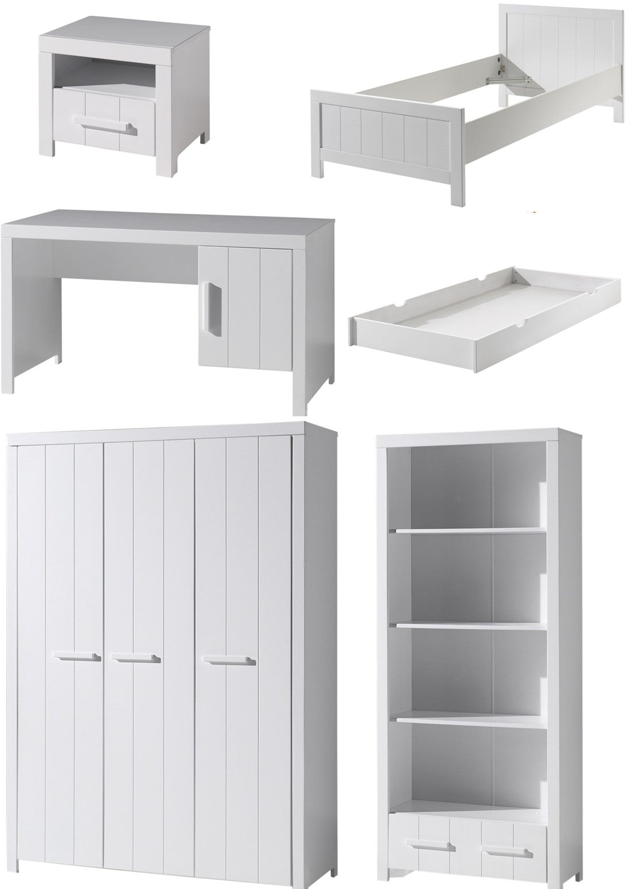 Vipack Erik Kids Single Bed With Trundle, Bedside Drawer, 3 Door Wardrobe, Desk & Bookcase - White