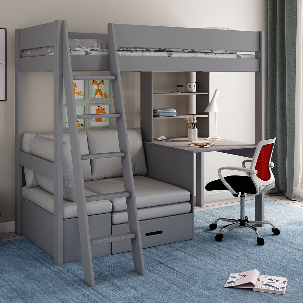 Estella High Sleeper Bed with Desk and Sofa Bed in Grey
