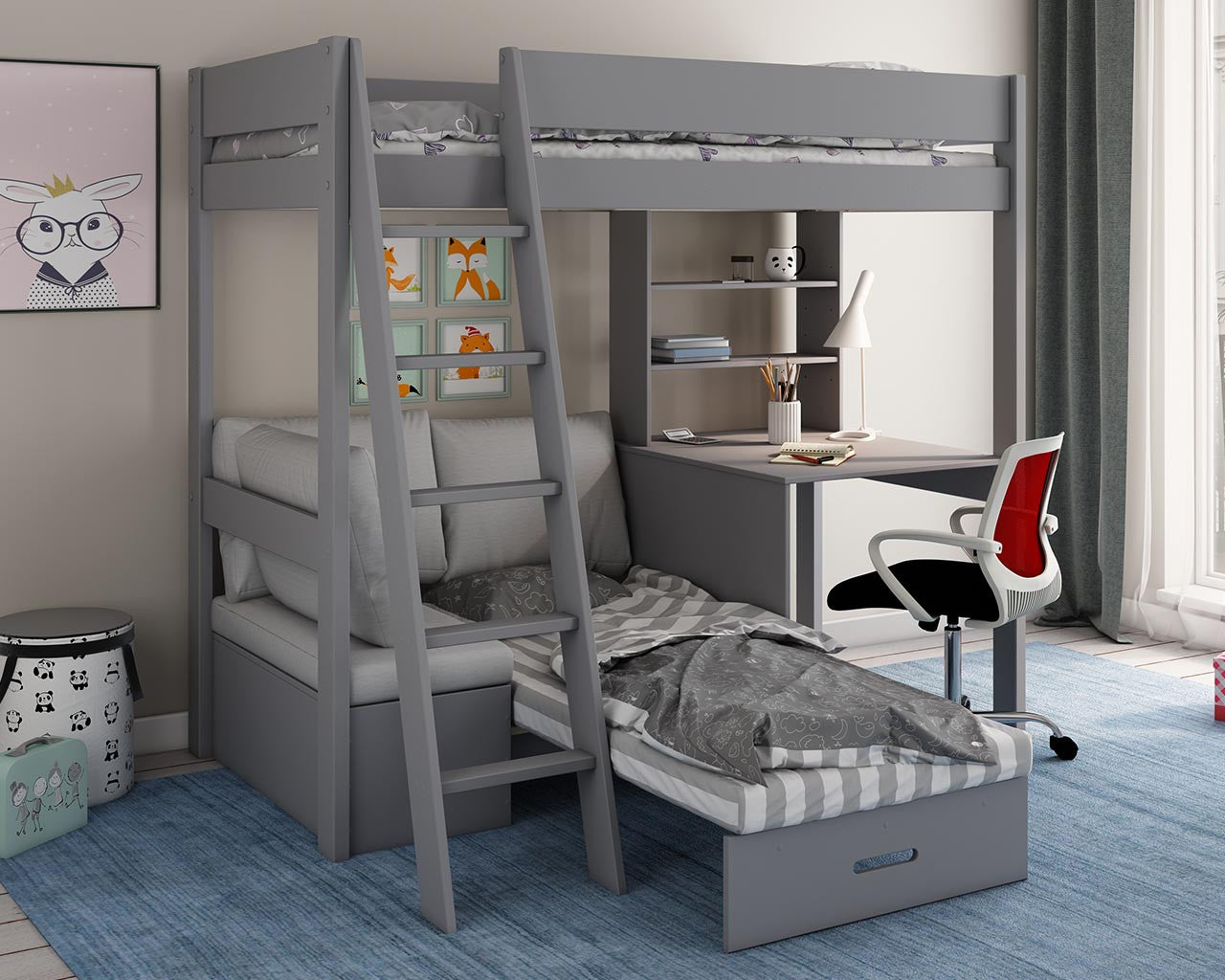 Estella Grey High Sleeper with Desk and Corner Sofa bed