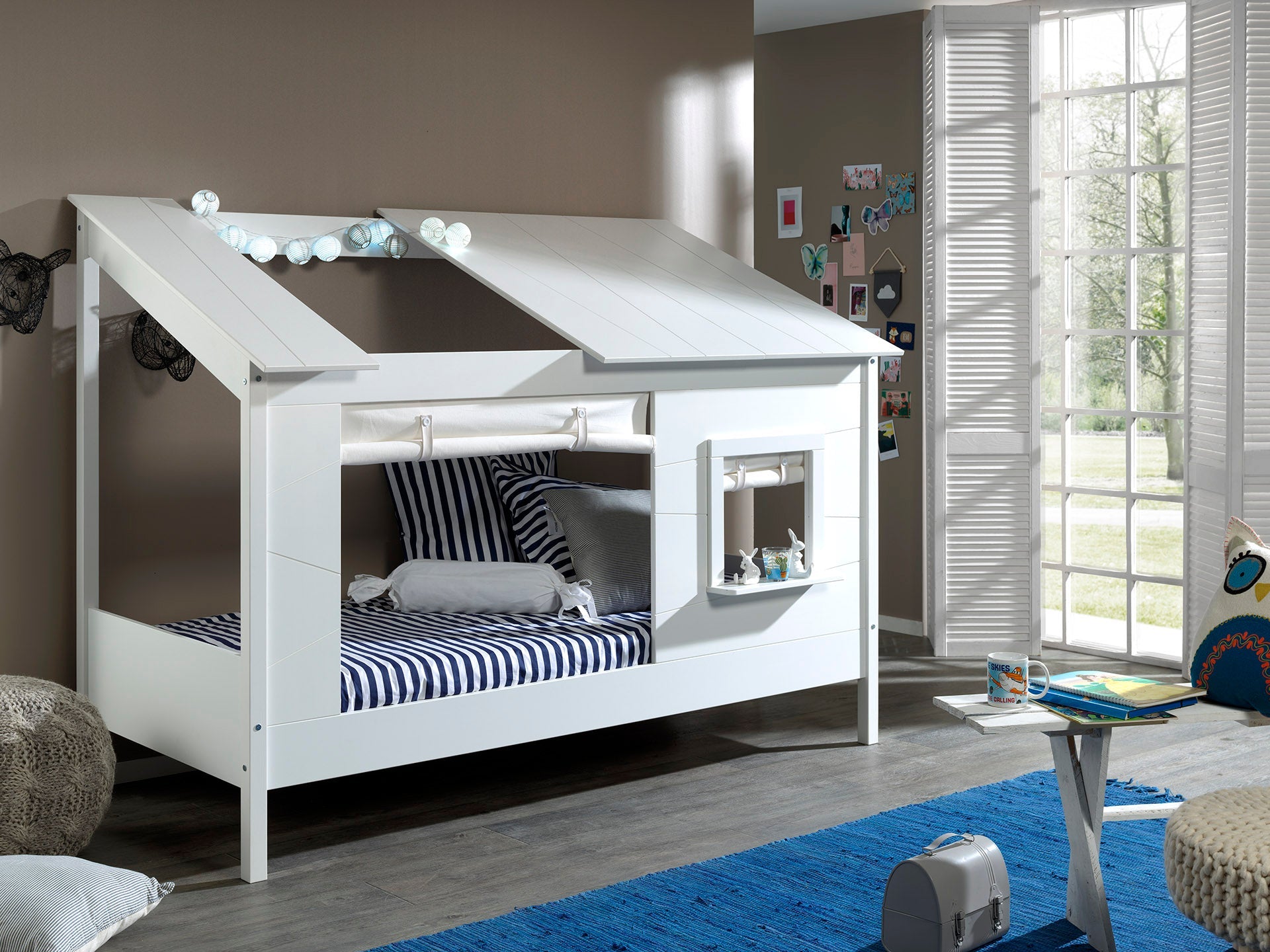 Vipack Cabin House Bed with Roof, Window & Blinds - White