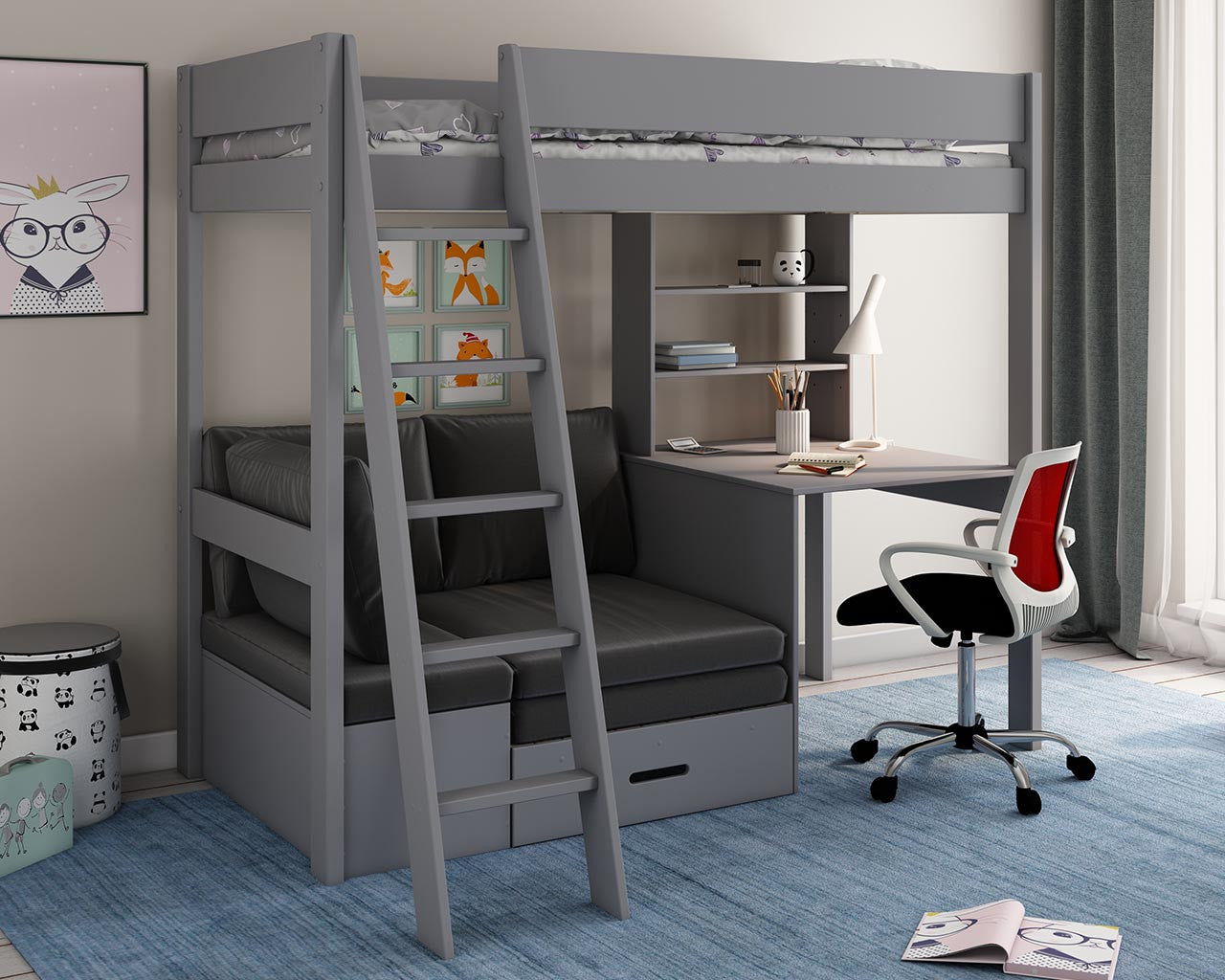 Estella Grey High Sleeper with Desk and Corner Sofa bed