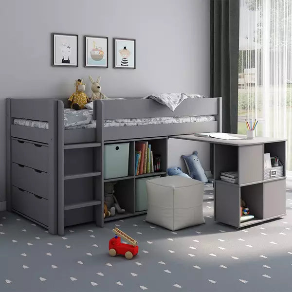 Estella Mid Sleeper with Desk, Storage Cube & Drawers