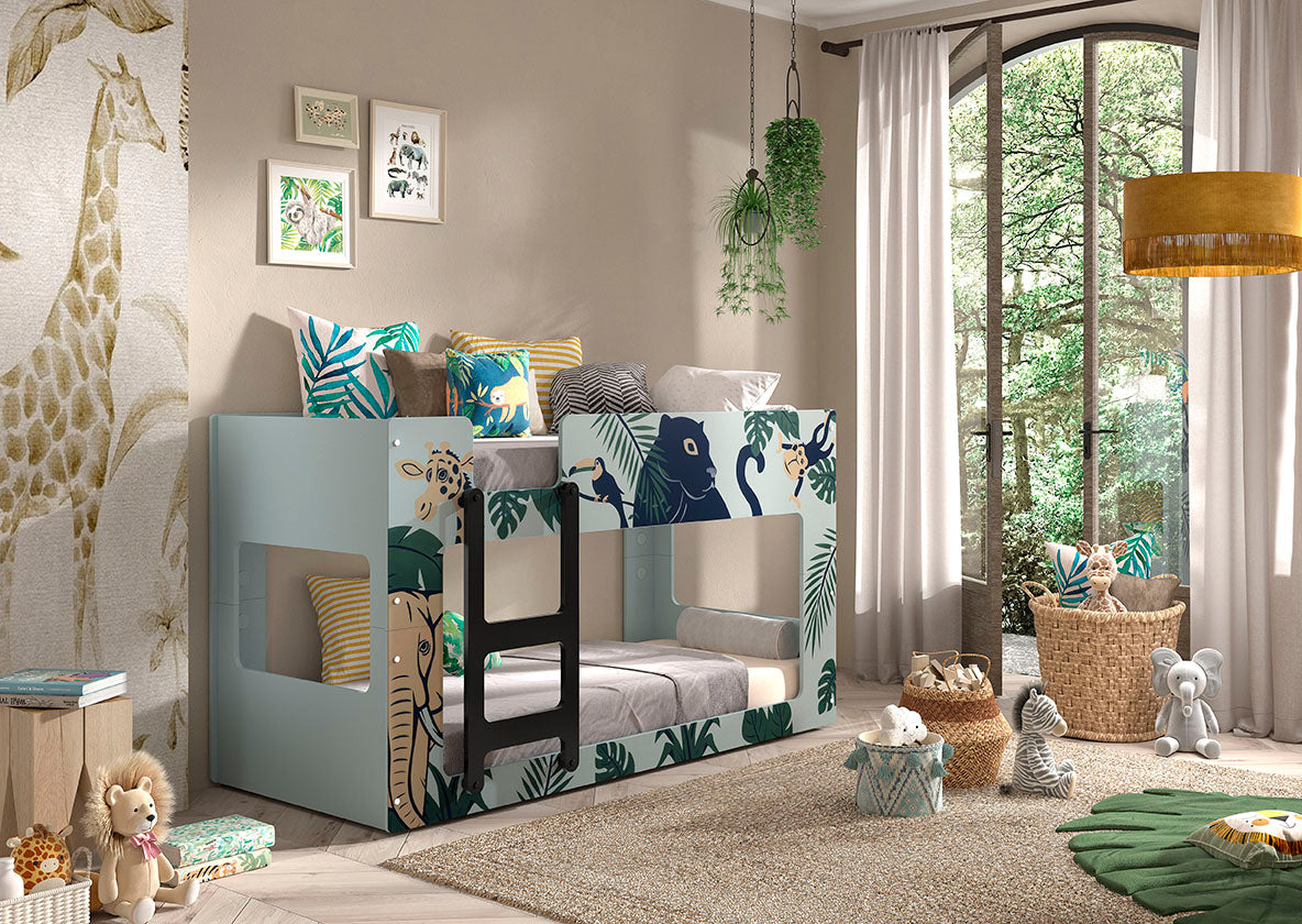 Vipack Luca 'Jungle Themed' Kids Bunk Bed - Green & Blue Print