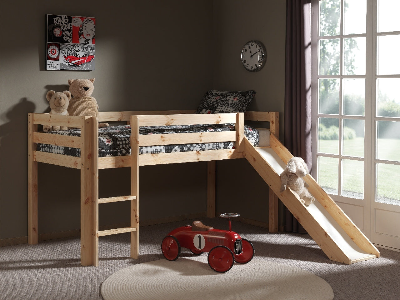 Vipack Pino Mid Sleeper Kids Bed with Slide - Natural Wood