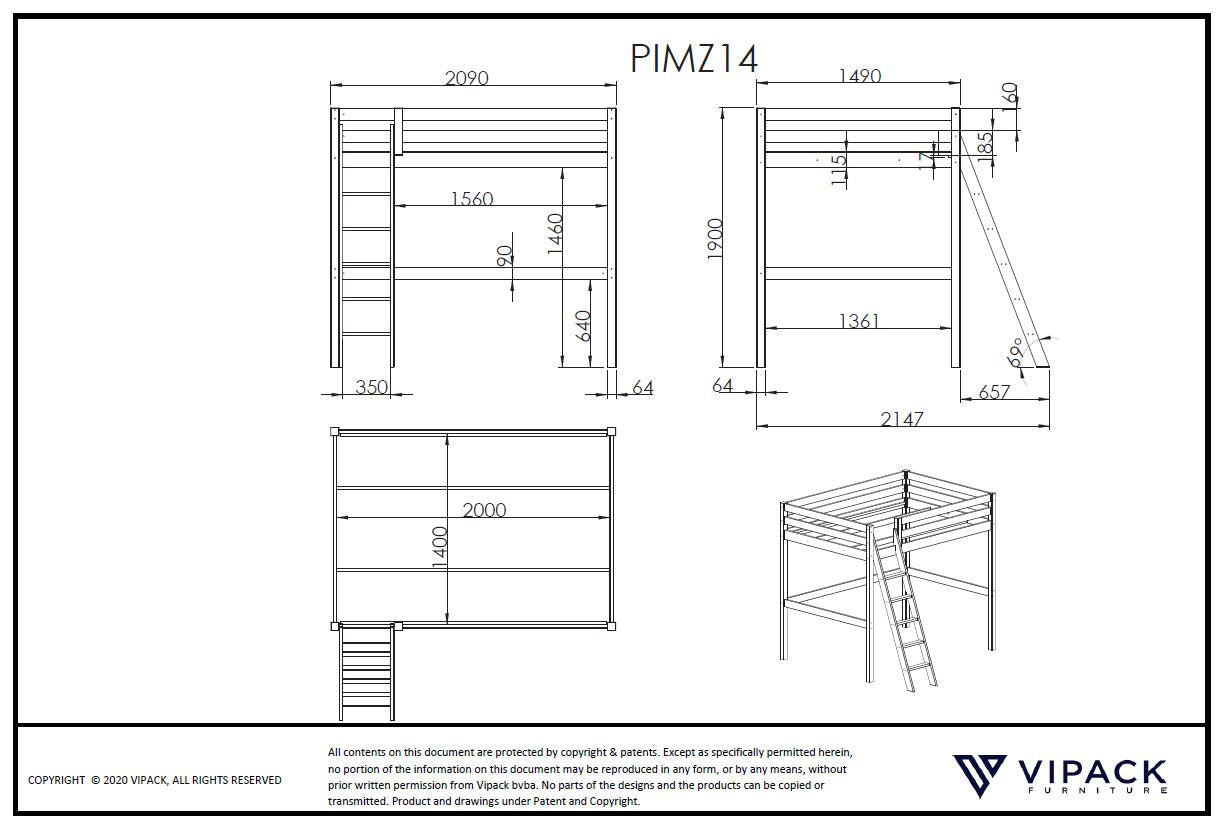 Vipack Pino Mezzanine High Sleeper Double Bed 140cm x 200cm - White