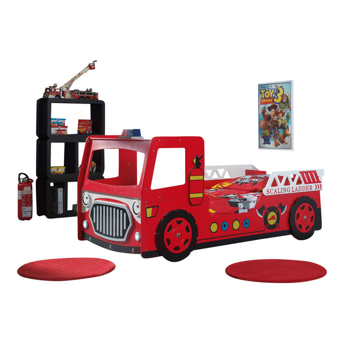 Lit Enfant Camion De Pompiers 70x140 Cm - MDF Rouge, Avec LED Et Sommier Inclus