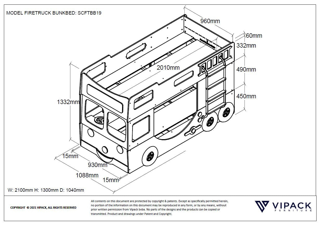 Vipack Kids Fire Truck Bunk Beds - Red