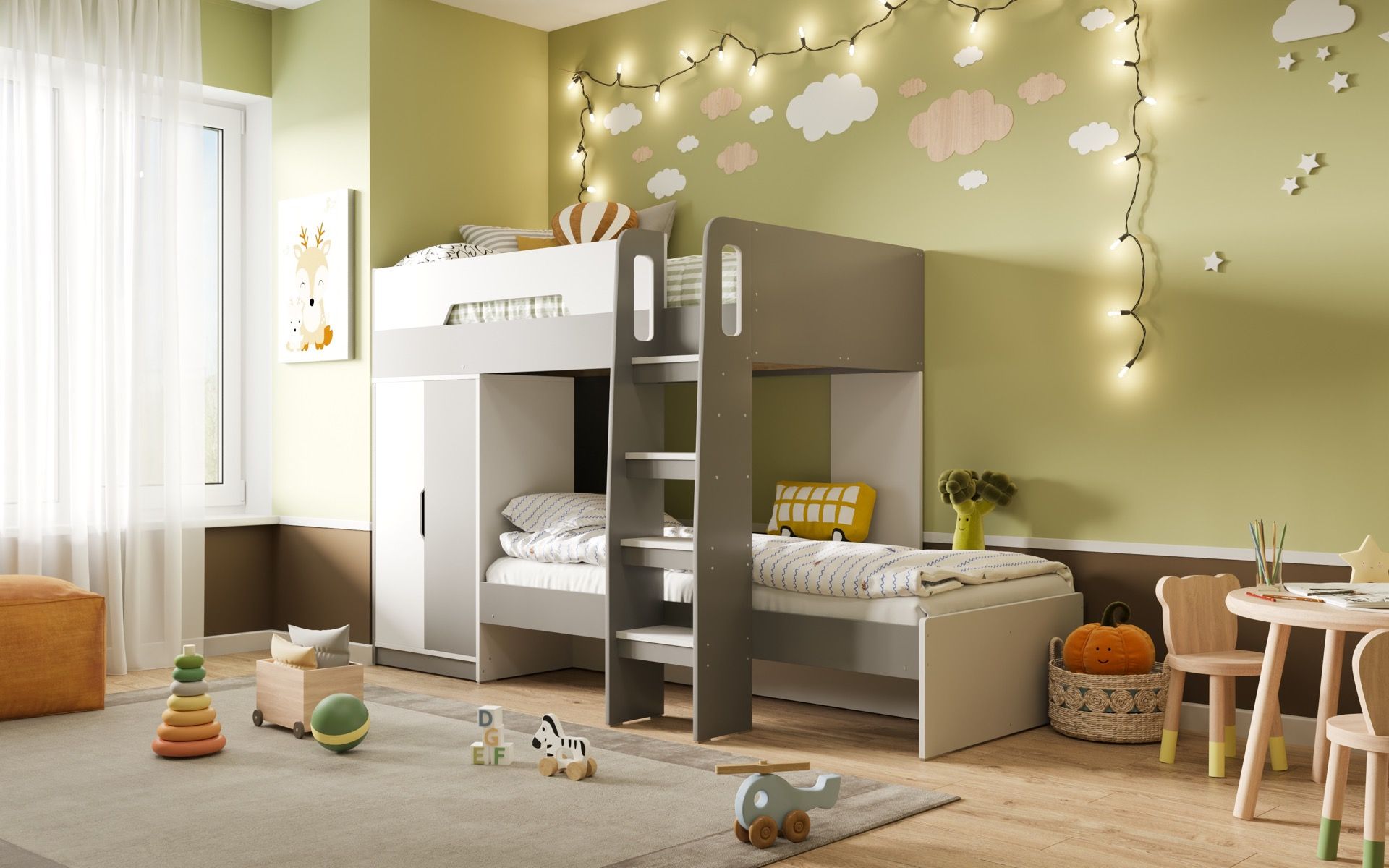 Flair Benito Bunk Bed with Wardrobe - White and Grey