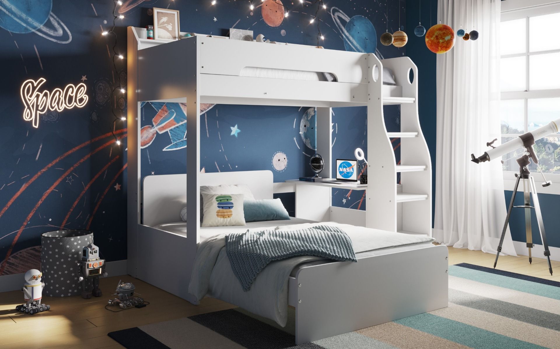 Flair Cosmic L Shaped Triple Bunk Bed White with Shelves - White