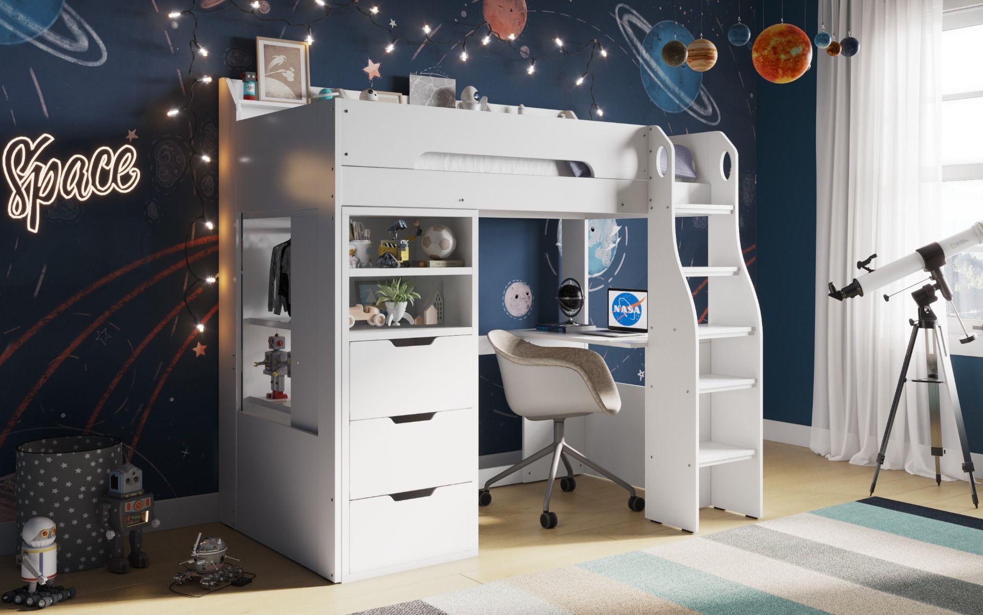 Flair Cosmic Storage Sleeper Bed with Desk - White