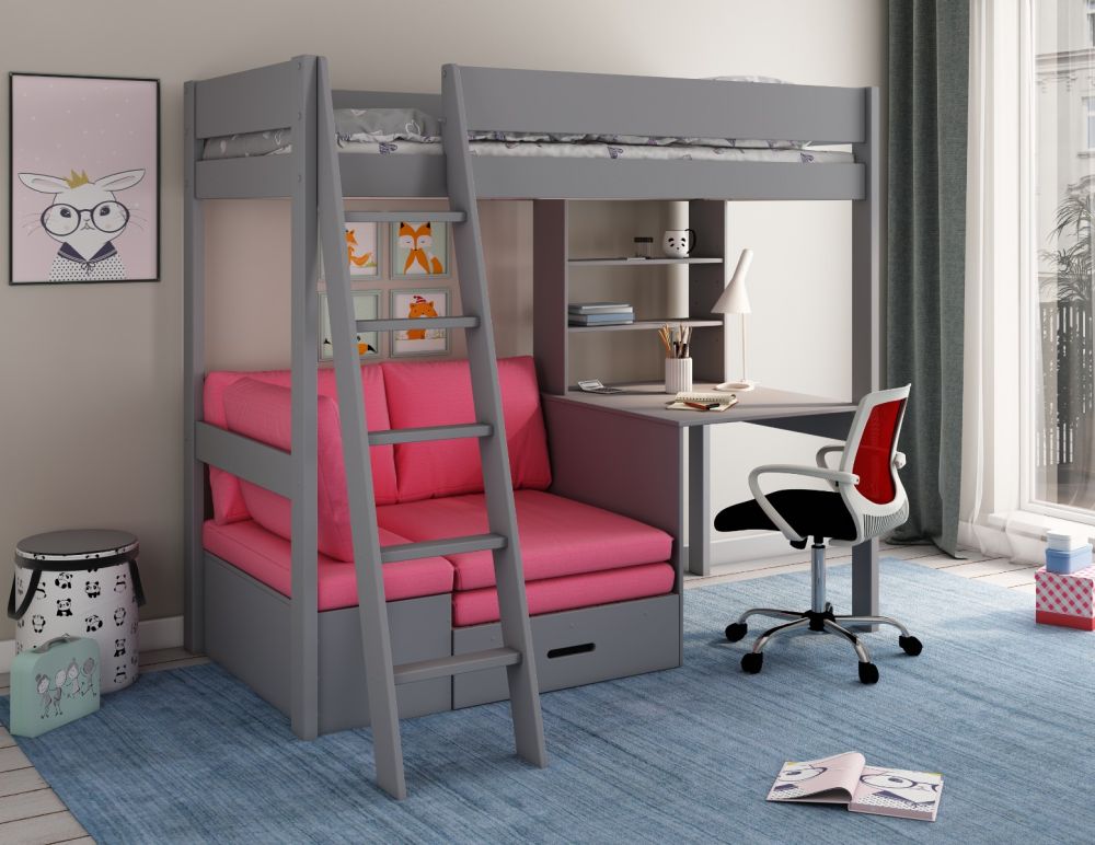 Estella High Sleeper Bed with Desk and Sofa Bed in Grey – Pink Futon